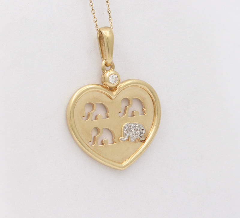 Vintage 14K Gold and Diamond Heart and Elephant Charm, Pendant