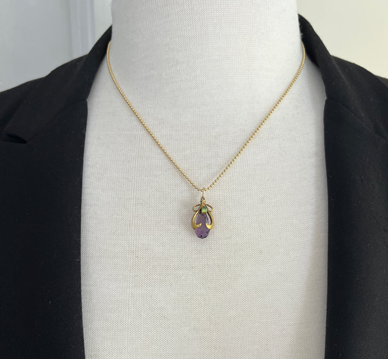 Art Nouveau Amethyst Briolette, Enamel, and 14K Gold Swirl Charm