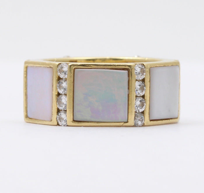 Vintage 18K Gold, Diamond, Mother of Pearl Octagonal Eternity Band, Ring