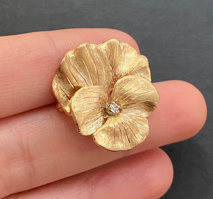 Vintage 14K Gold and Diamond Pansy Flower Pin, Brooch