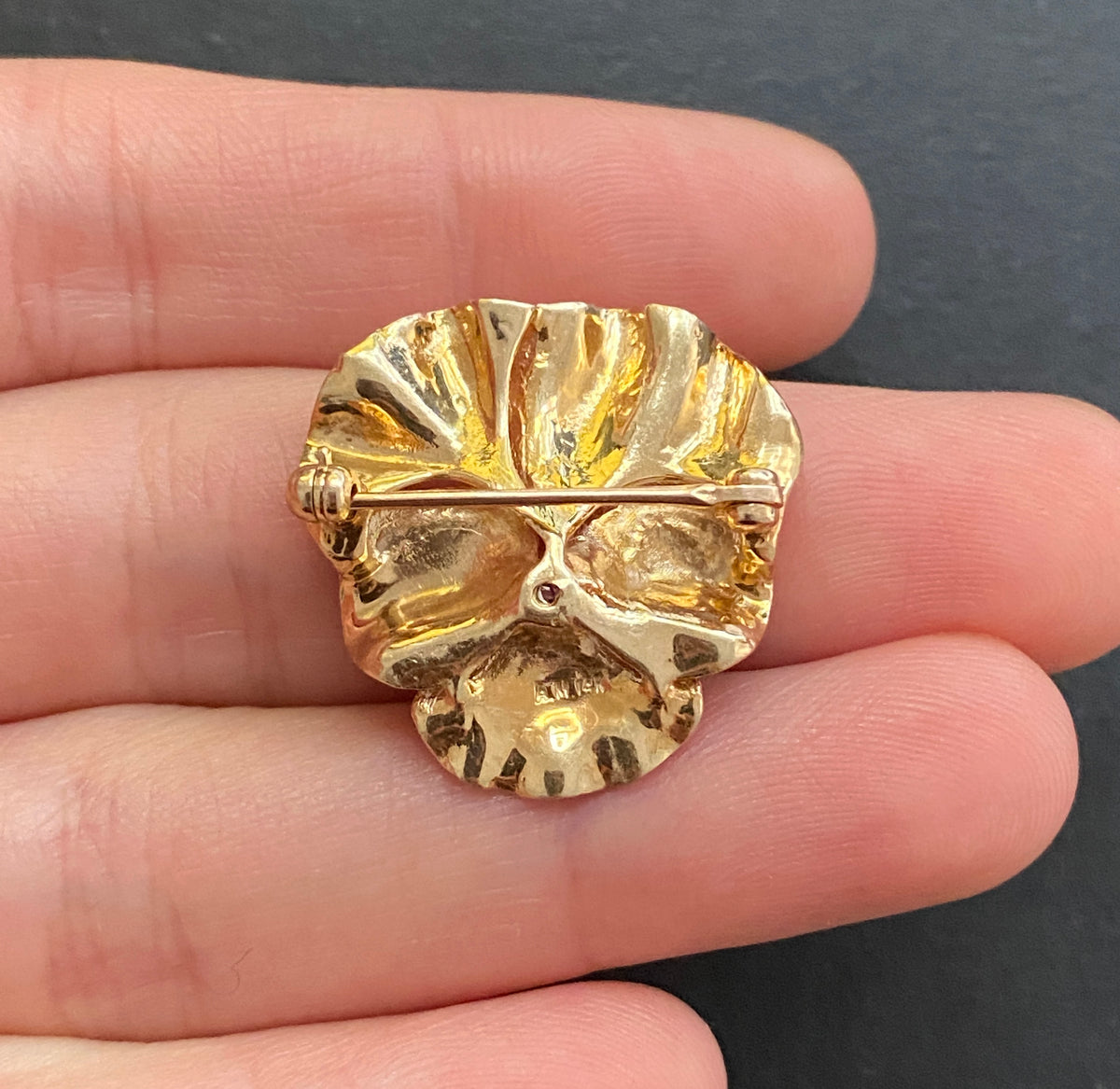 Vintage 14K Gold and Diamond Pansy Flower Pin, Brooch