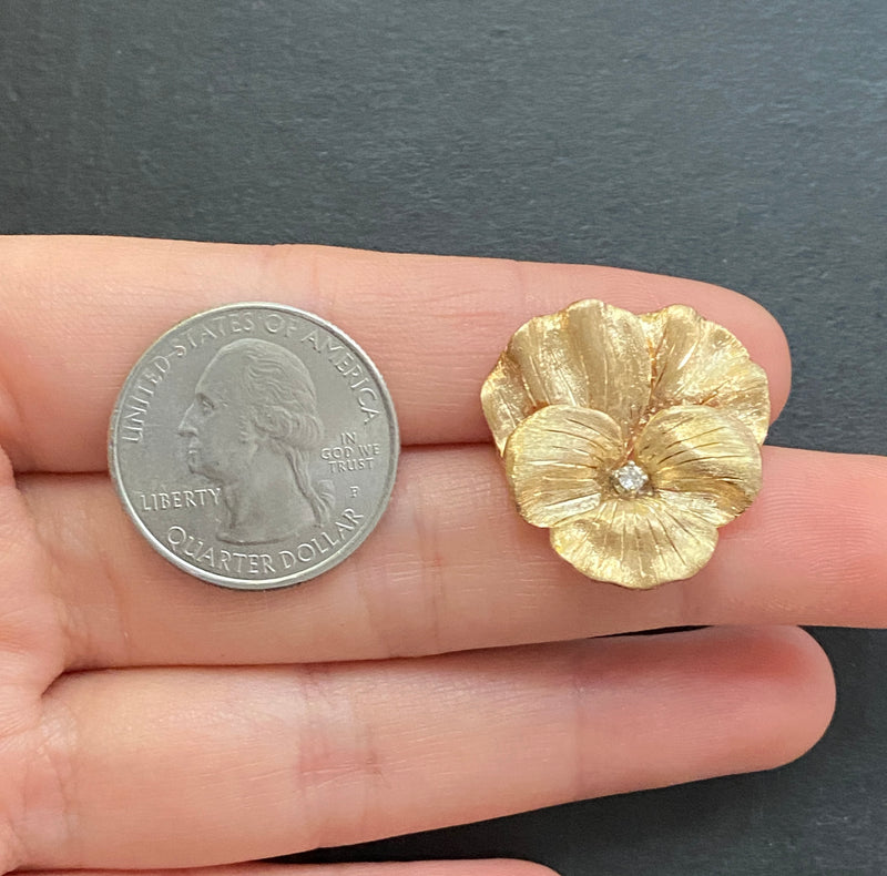 Vintage 14K Gold and Diamond Pansy Flower Pin, Brooch