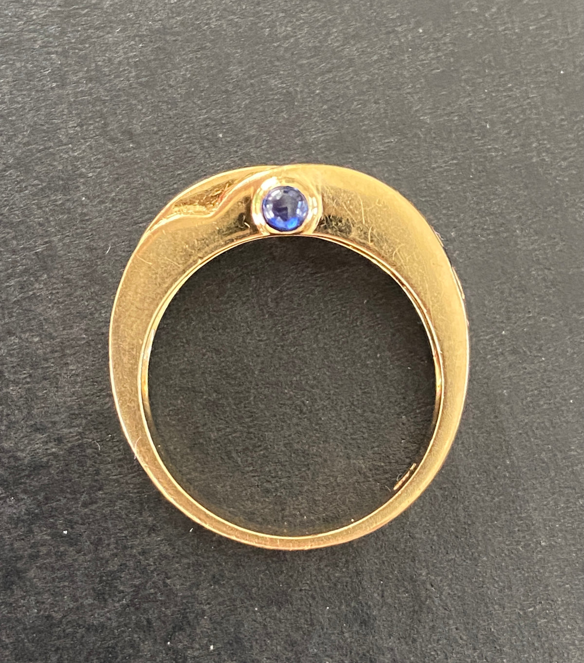 Vintage 18K Gold Carre Cut Diamond, Sapphire, and Ruby Wave Ring, 1970s Stacking Band