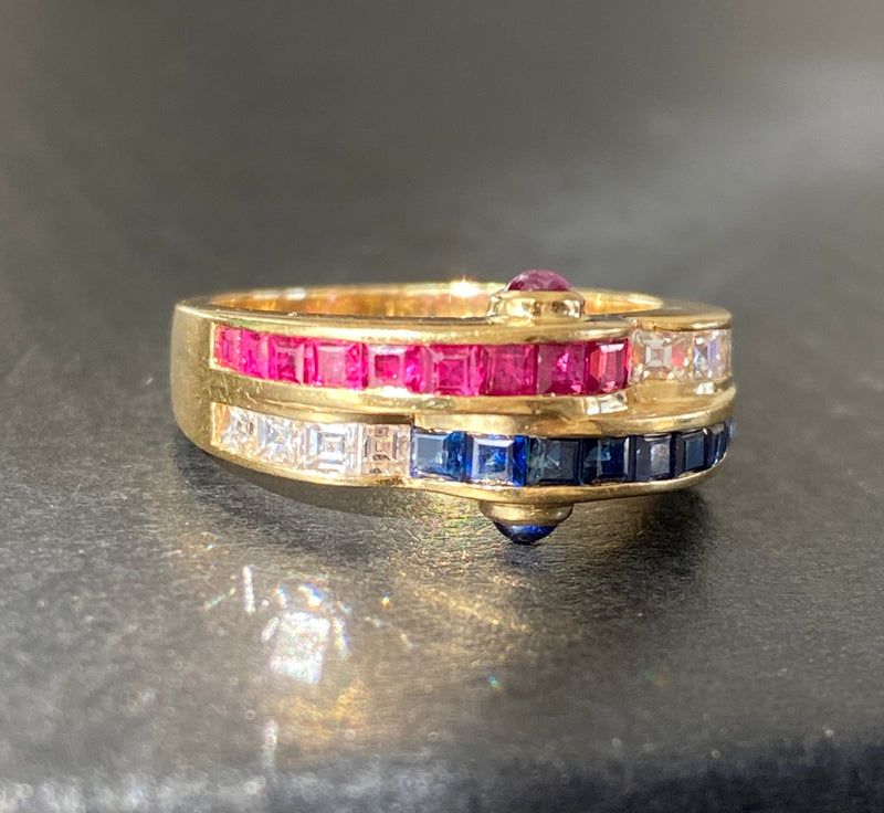 Vintage 18K Gold Carre Cut Diamond, Sapphire, and Ruby Wave Ring, 1970s Stacking Band