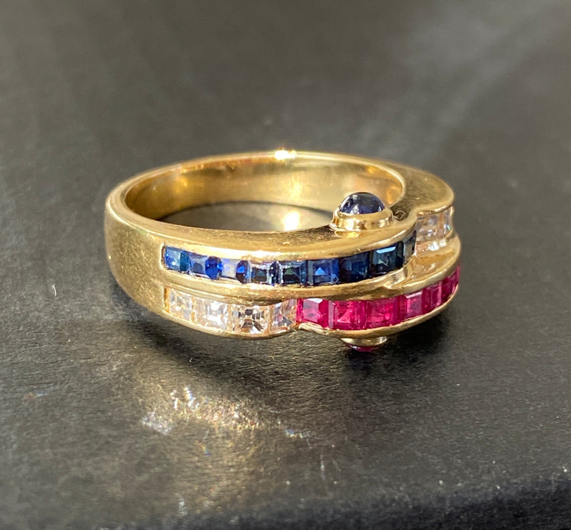 Vintage 18K Gold Carre Cut Diamond, Sapphire, and Ruby Wave Ring, 1970s Stacking Band