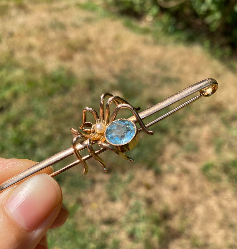 Antique Aquamarine, Pearl, and 9K Gold English Spider Bar Pin