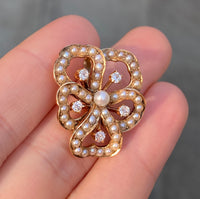 Art Nouveau 14K Gold, Diamond, and Pearl Pansy Pendant, Antique Charm