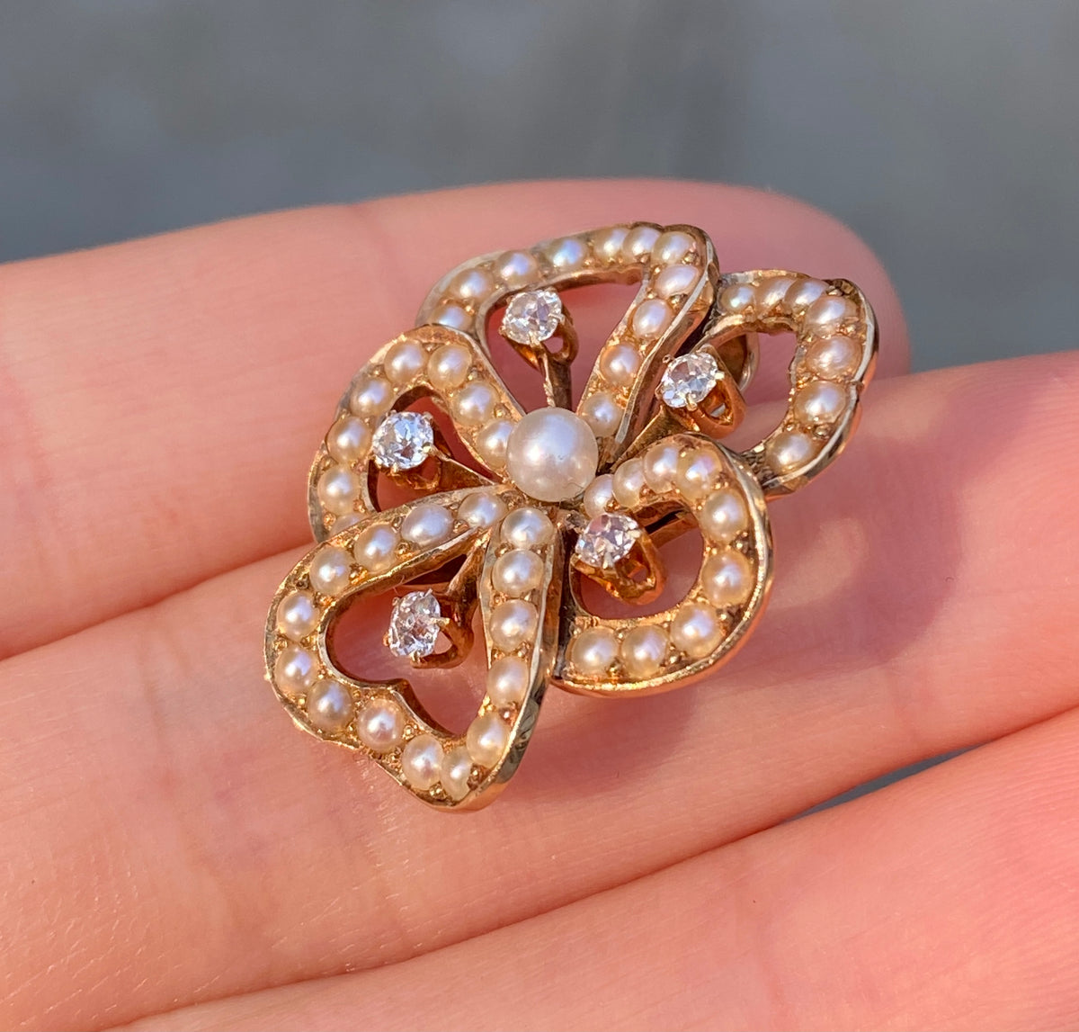 Art Nouveau 14K Gold, Diamond, and Pearl Pansy Pendant, Antique Charm