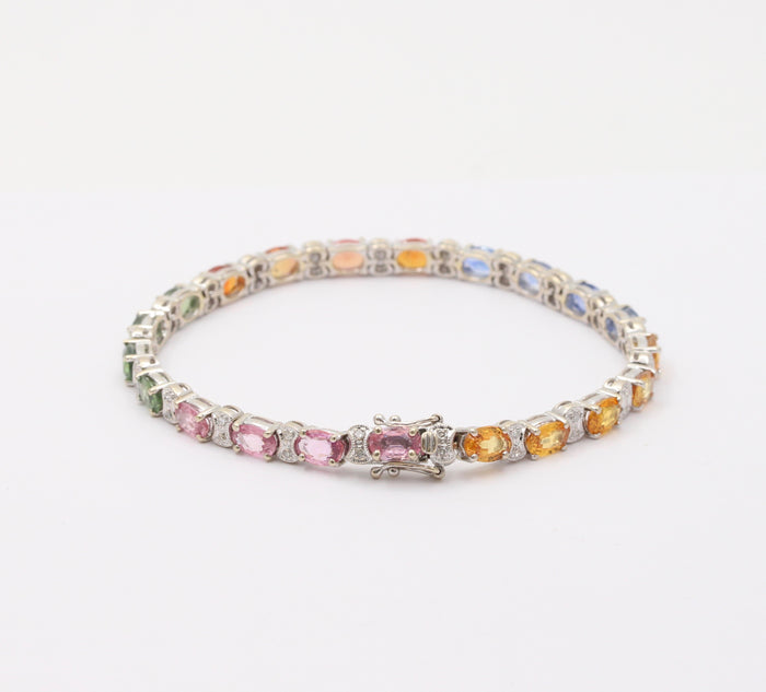 Vintage 18K Gold, 15 Carat Rainbow Sapphire and Diamond Line Bracelet, Tennis Bracelet