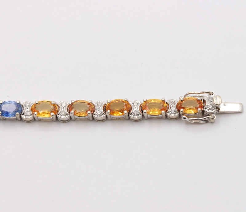 Vintage 18K Gold, 15 Carat Rainbow Sapphire and Diamond Line Bracelet, Tennis Bracelet