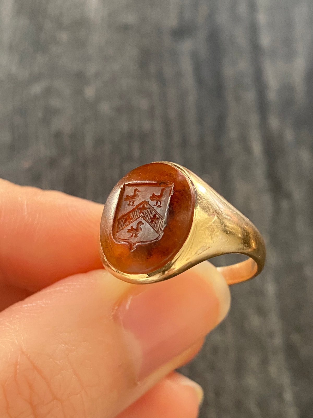 Antique Carved Carnelian Intaglio Ducks and 14K Gold Signet Ring