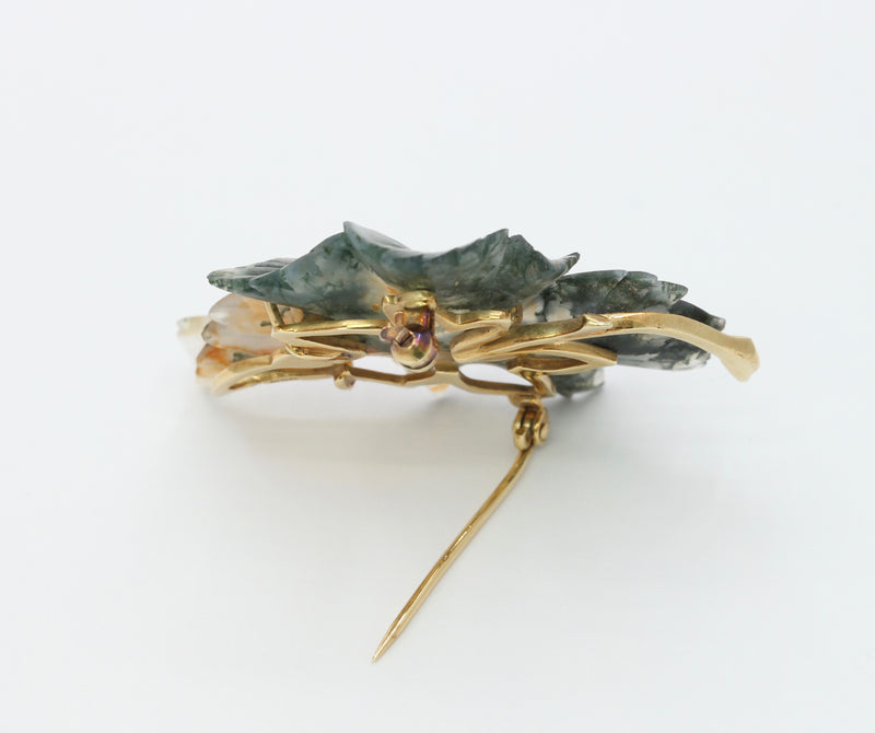 Vintage Carved Agate 14K Gold Pearl Leaf Brooch Pin