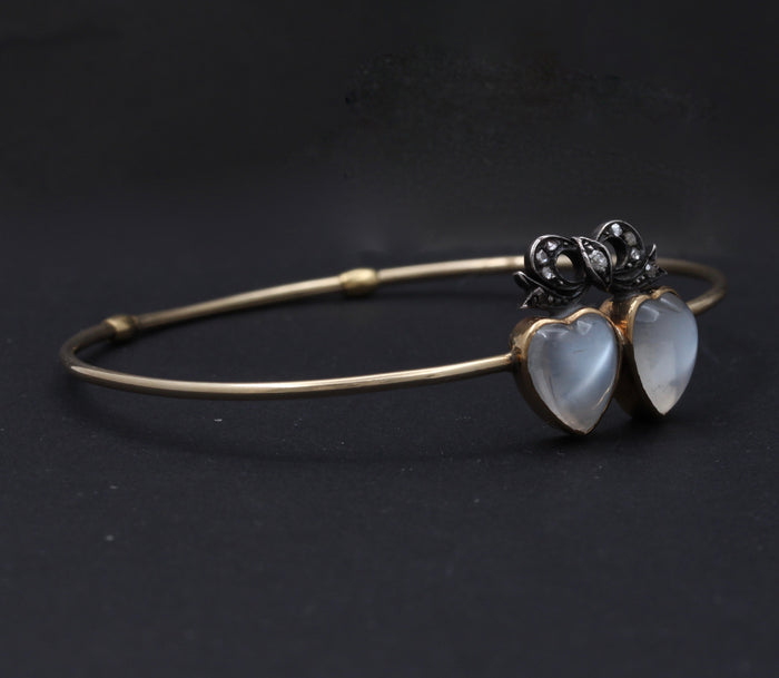 Antique Moonstone and Diamond Double Heart and Bow Bangle Bracelet