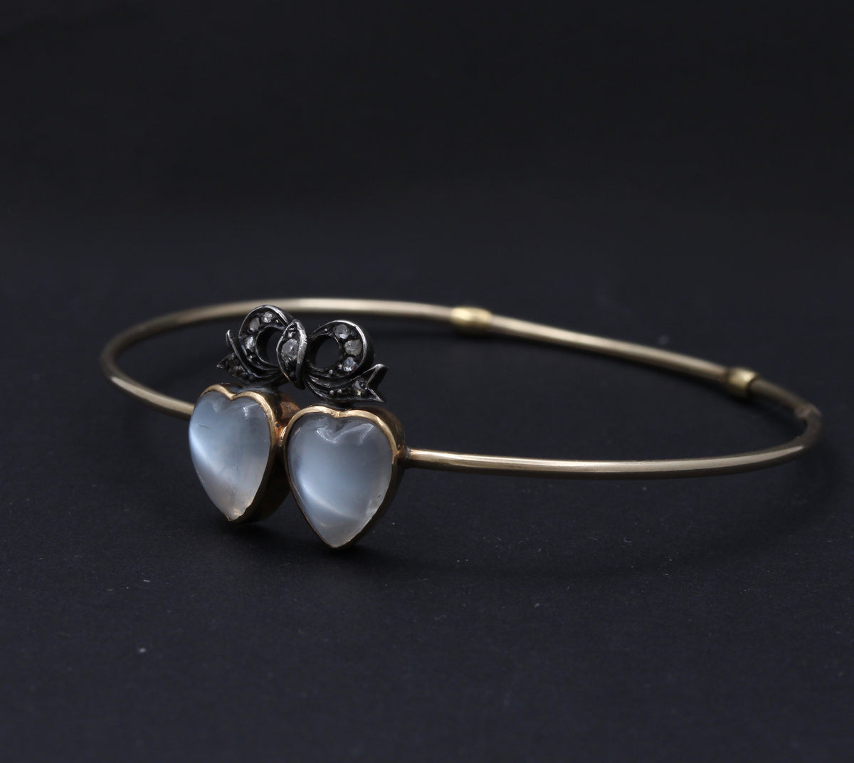Antique Moonstone and Diamond Double Heart and Bow Bangle Bracelet