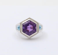 Amethyst and Blue Topaz Hexagonal 18K Gold Signet Ring