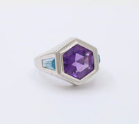 Amethyst and Blue Topaz Hexagonal 18K Gold Signet Ring