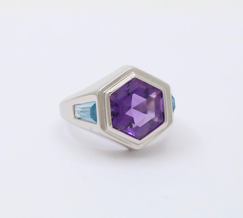 Amethyst and Blue Topaz Hexagonal 18K Gold Signet Ring