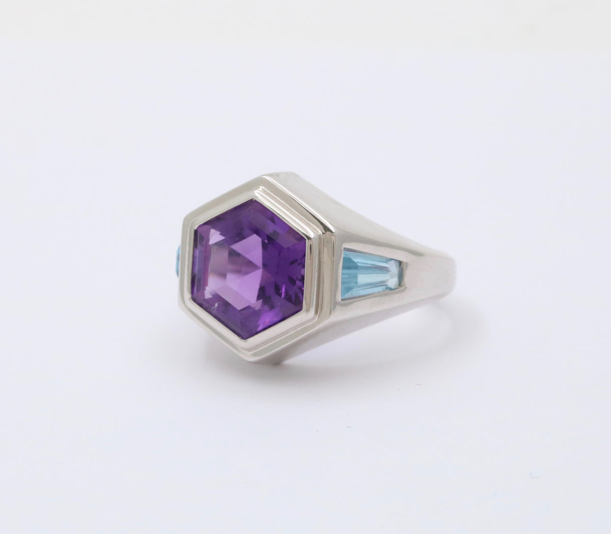 Amethyst and Blue Topaz Hexagonal 18K Gold Signet Ring