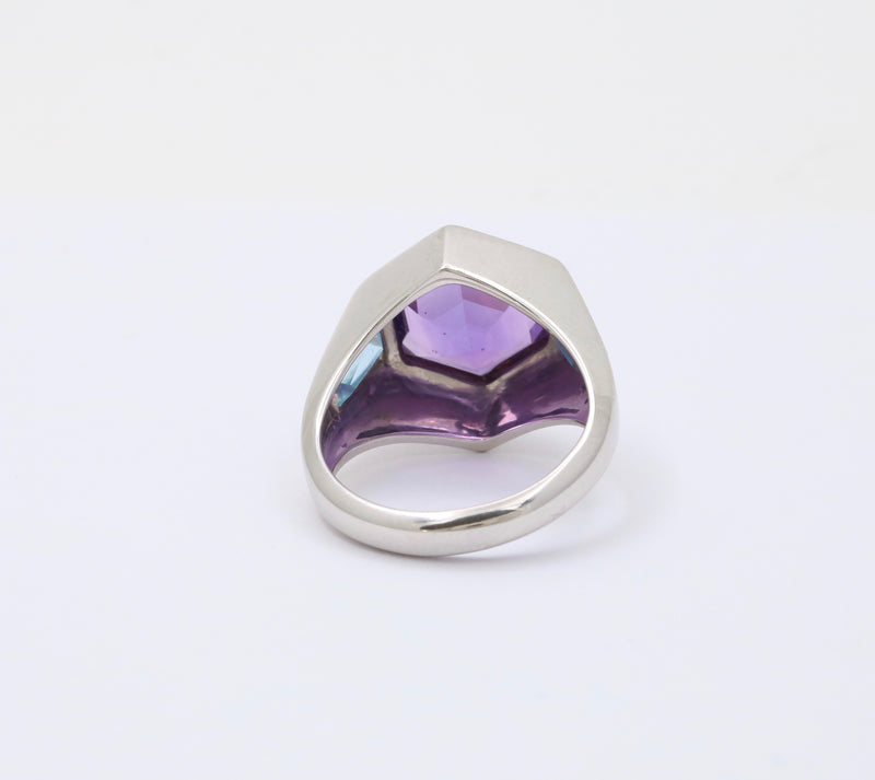 Amethyst and Blue Topaz Hexagonal 18K Gold Signet Ring