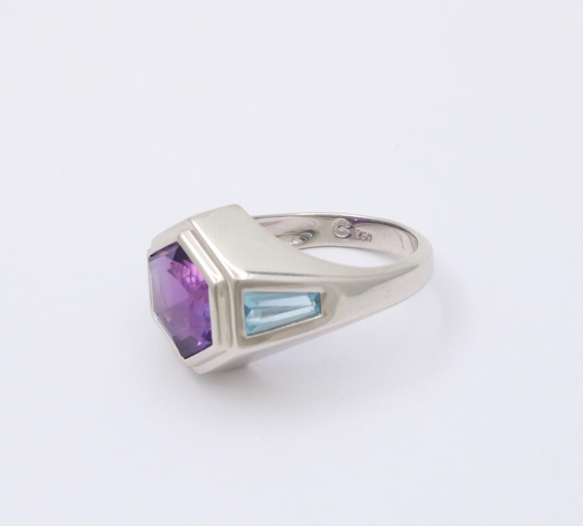 Amethyst and Blue Topaz Hexagonal 18K Gold Signet Ring