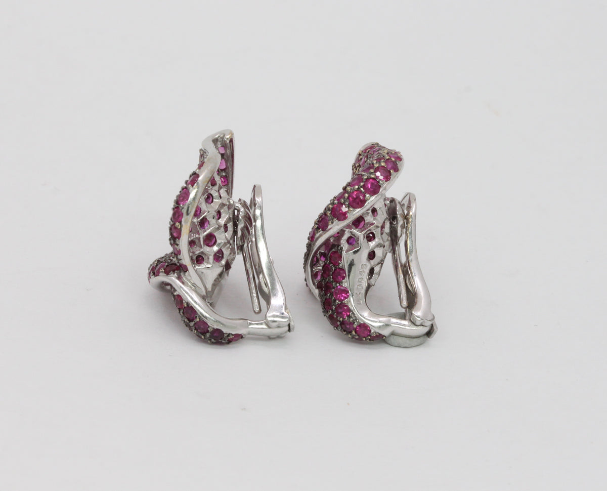 Stunning 8 Carat Natural Ruby and Diamond 18K Gold Lily Flower Clip Earrings - alpha-omega-jewelry