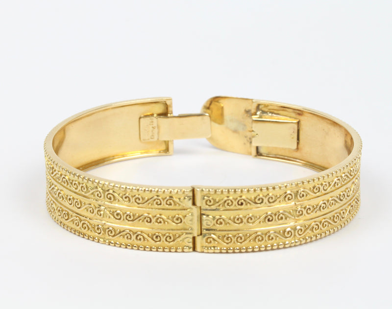 Vintage Zolotas 18K Gold Buckle Wide Bangle, Greek Designer Stacking Bracelet