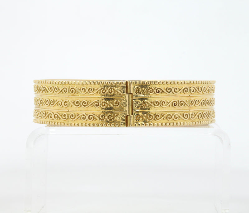 Vintage Zolotas 18K Gold Buckle Wide Bangle, Greek Designer Stacking Bracelet