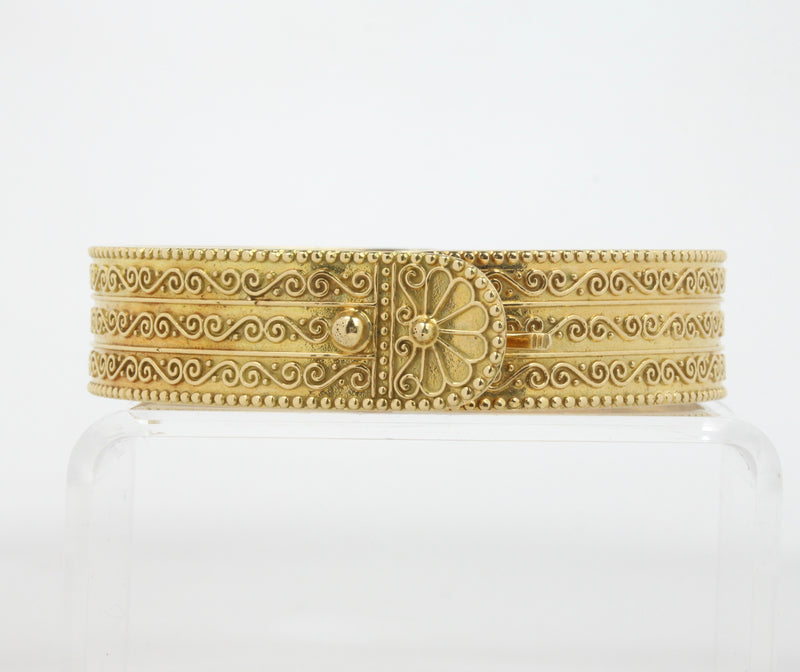 Vintage Zolotas 18K Gold Buckle Wide Bangle, Greek Designer Stacking Bracelet