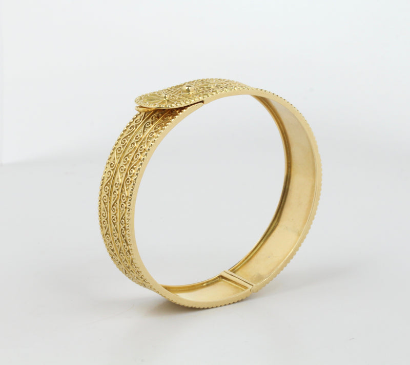 Vintage Zolotas 18K Gold Buckle Wide Bangle, Greek Designer Stacking Bracelet