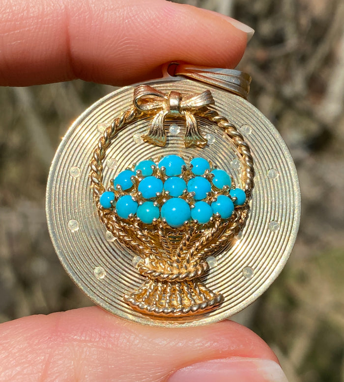 Vintage Dankner Turquoise Basket and 14K Gold Charm