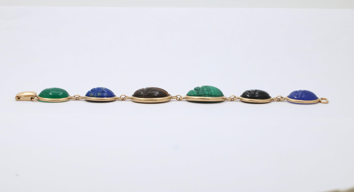 Vintage 14K Gold and Multicolor Carved Gemstone Scarab Bracelet