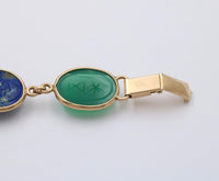 Vintage 14K Gold and Multicolor Carved Gemstone Scarab Bracelet