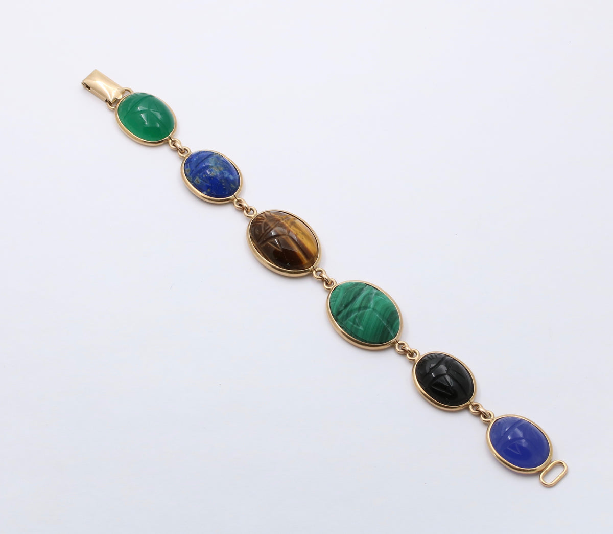 Vintage 14K Gold and Multicolor Carved Gemstone Scarab Bracelet