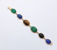 Vintage 14K Gold and Multicolor Carved Gemstone Scarab Bracelet