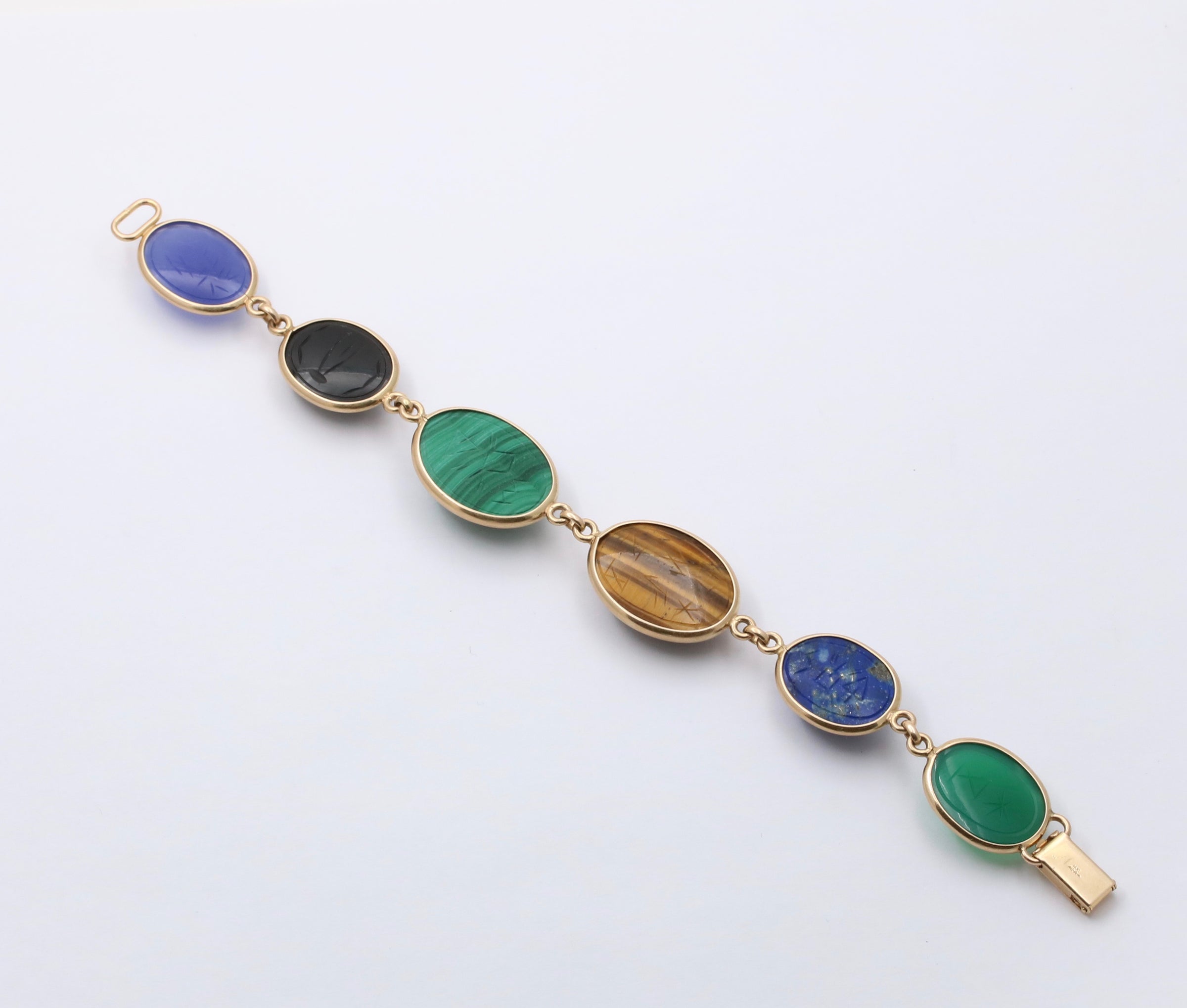 Jewelry and Scarab Gold Vintage Alpha Bracelet 14K Carved Multicolor Gemstone & – Omega