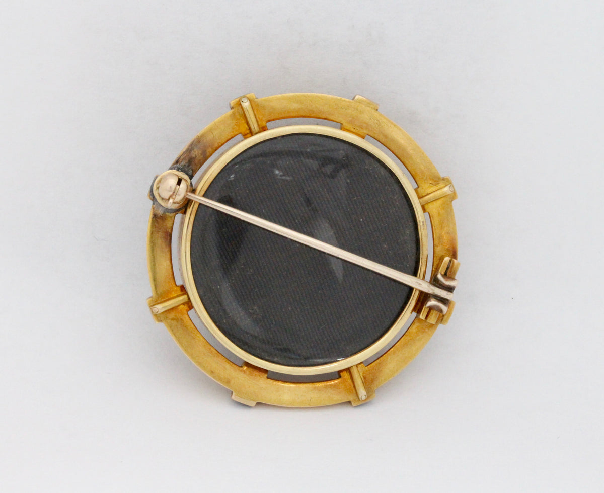 Large Victorian Banded Agate 14K Gold and Enamel Sentimental Brooch Pin - alpha-omega-jewelry