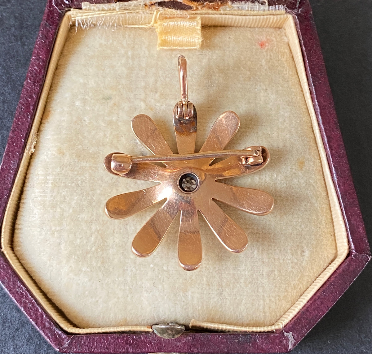 Victorian 14K Gold, Diamond, Split Pearl Daisy Pendant, Antique Pin