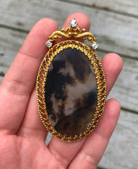 Victorian Dendritic Moss Agate and 0.5 Carat Diamond 14K Gold Pendant Necklace
