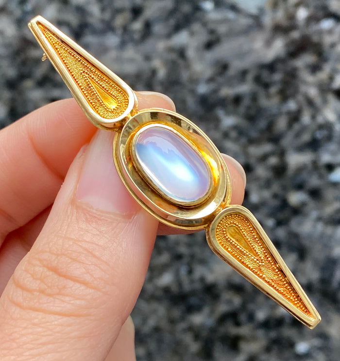 Vintage 14K Gold and Moonstone Modernist Brooch, Bar Pin