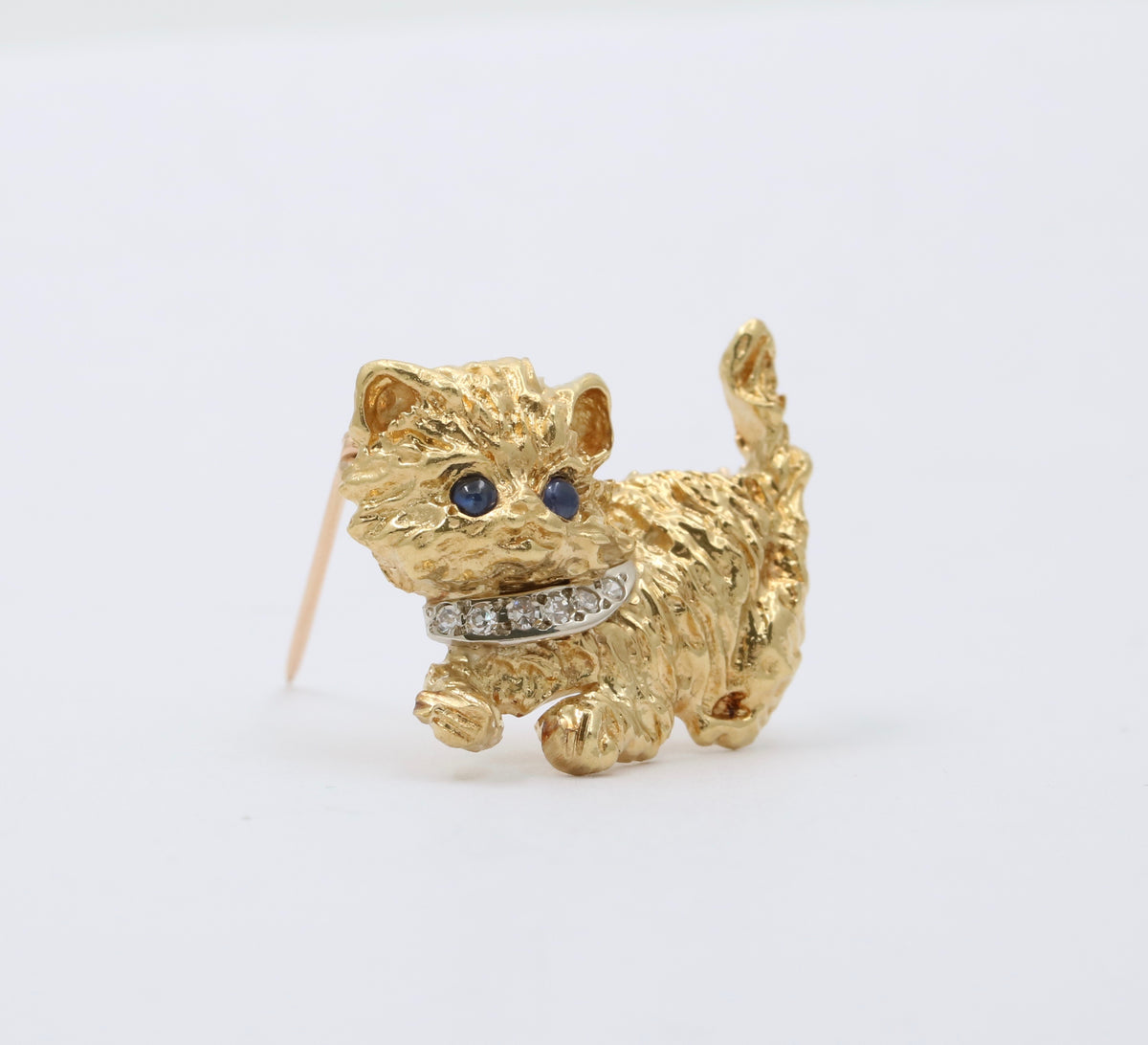 Vintage 18K Gold, Diamond, and Sapphire Kitty Cat Brooch, Kitten Pin