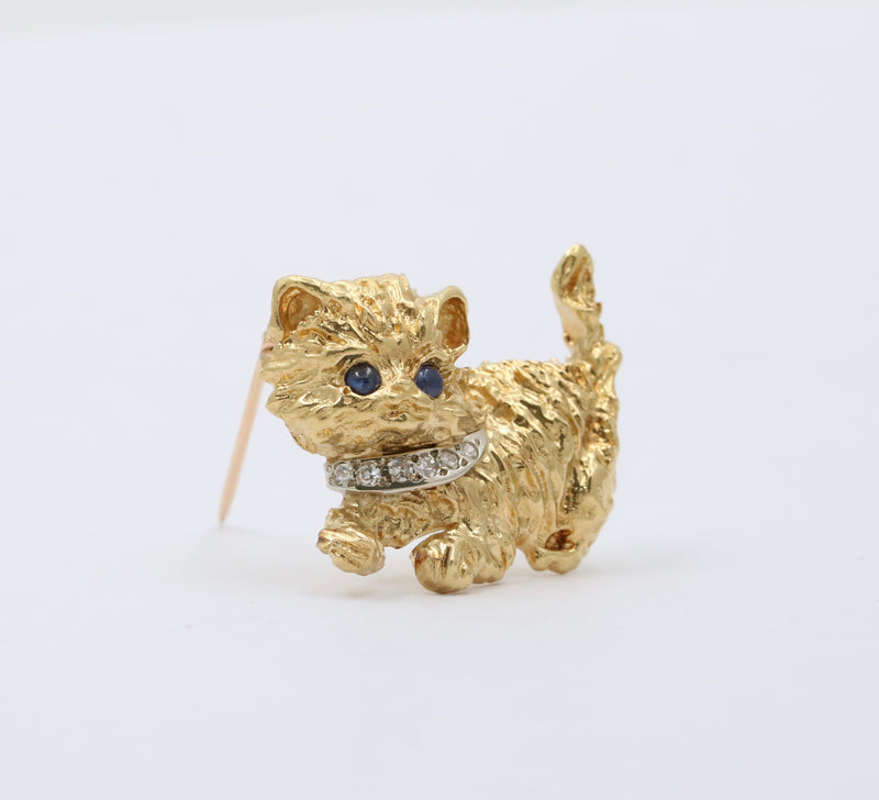 Vintage 18K Gold, Diamond, and Sapphire Kitty Cat Brooch, Kitten Pin
