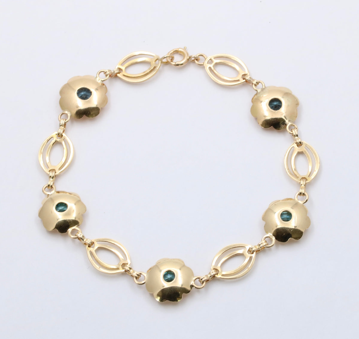 Vintage 14K Yellow Gold and Blue Zircon Floral Bracelet, 8 Inches