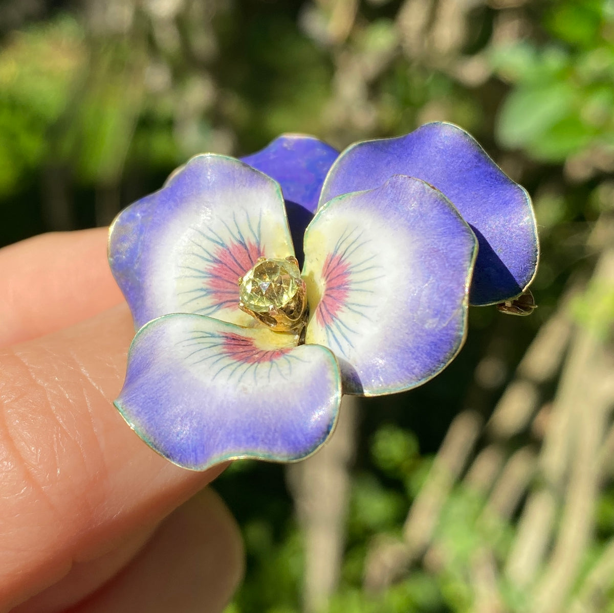 Alpha & Omega Jewelry Large Art Nouveau 14K Gold Violet Enamel Pansy Brooch Pin, Antique Pendant