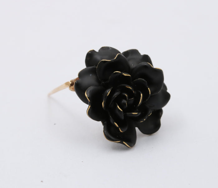 Art Nouveau 14K Gold and Black Enamel Rose Pin