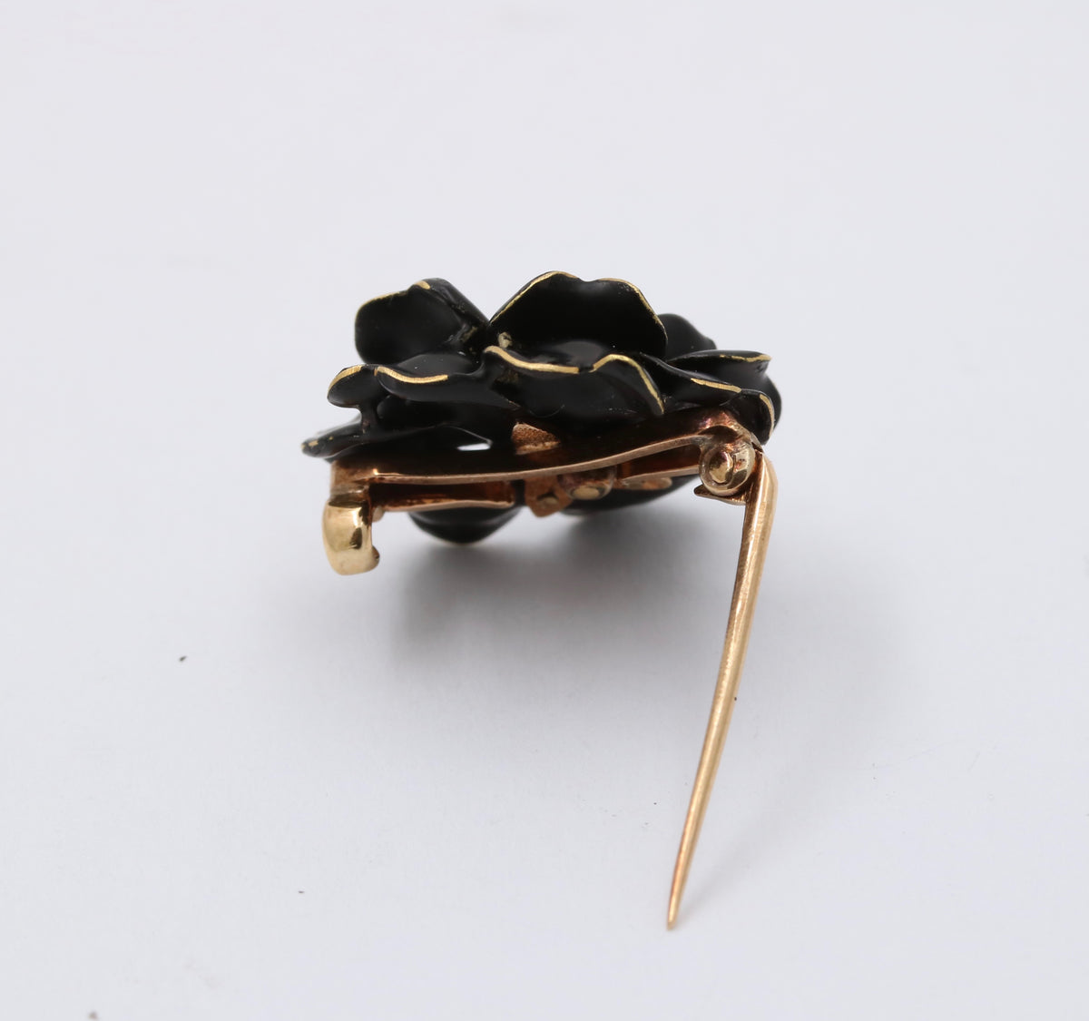 Art Nouveau 14K Gold and Black Enamel Rose Pin