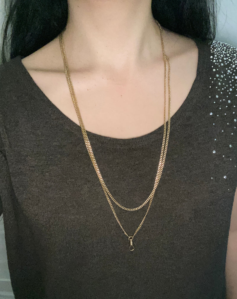 Art Deco 14K Gold Curb Link Longuard Chain, 60” Long
