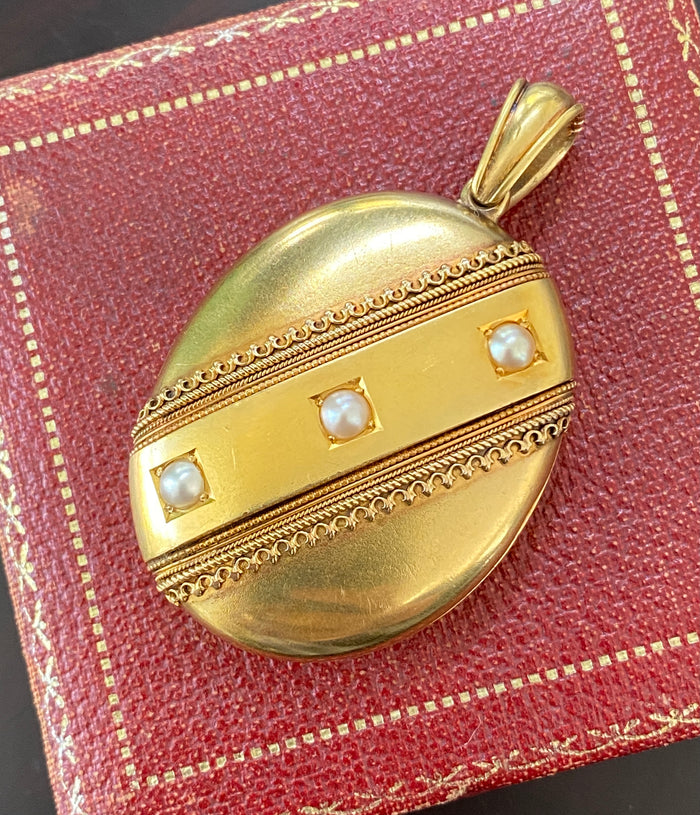 Large Victorian 18K Gold and Split Pearl Locket, Antique Pendant