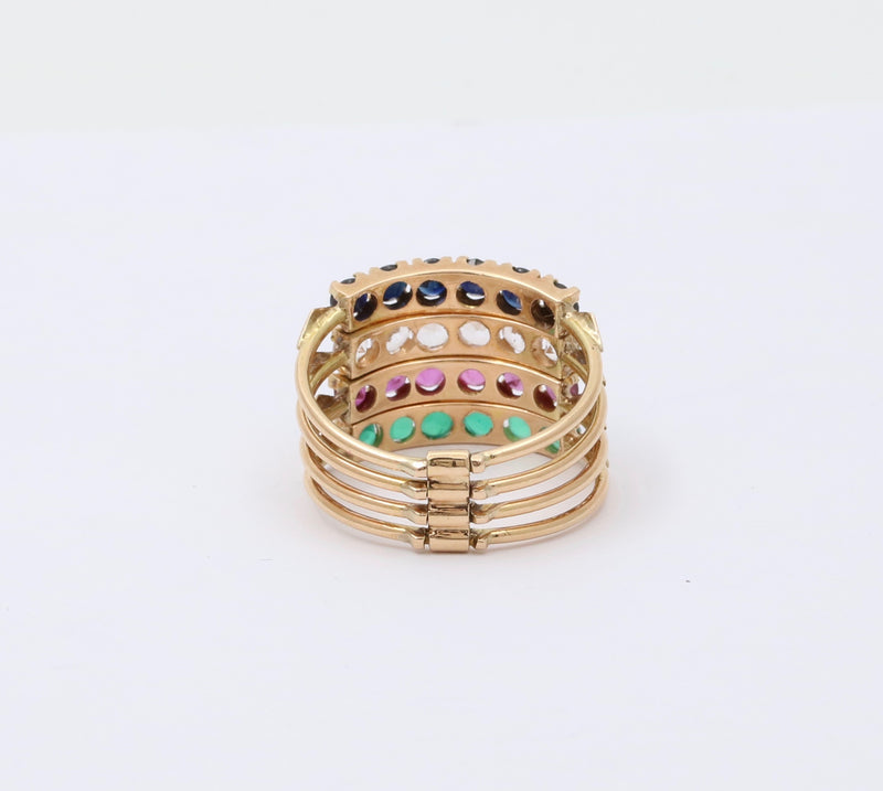 Vintage 14K Gold Multicolor Gem Harem Ring, Connected Stacking Bands