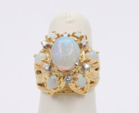 Vintage 18K Gold Opal Diamond Cluster Cocktail Ring, October Birthstone