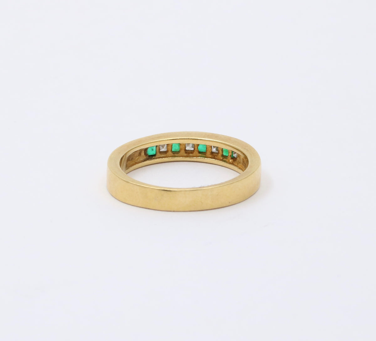 Vintage 18K Gold, Carre Cut Diamond, Emerald Wedding Band, Size 7.25 Stacking Ring